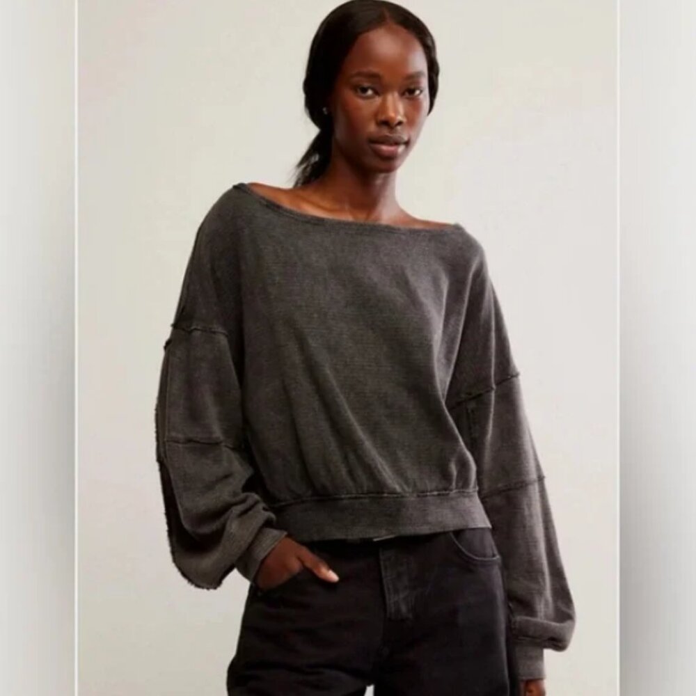 FREE PEOPLE Ife Pullover Sweater Thermal Textured Waffle Knit Crop Exposed Seams - Picture 2 of 16